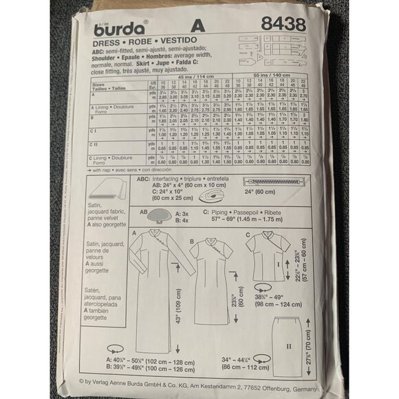 Burda 8438 Size Dress Pattern 10-22 Semi-Fitted Short/Mid/Maxi - Picture 2 of 2